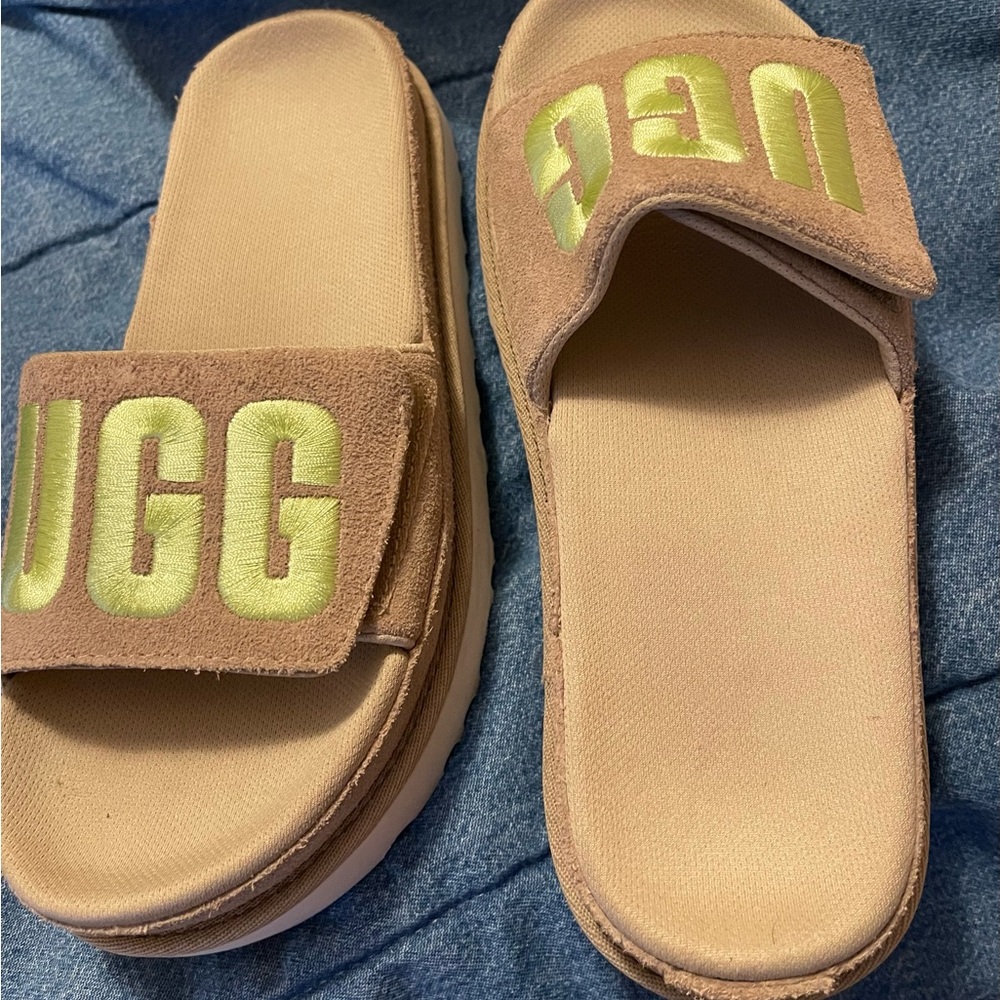 UGG Tan Slide Sandals with Cushioned Sole and Bold Branding